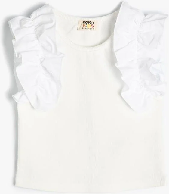 كوتون Girl's Blouse Sleeveless Ruffled Shoulders Ribbed Cotton