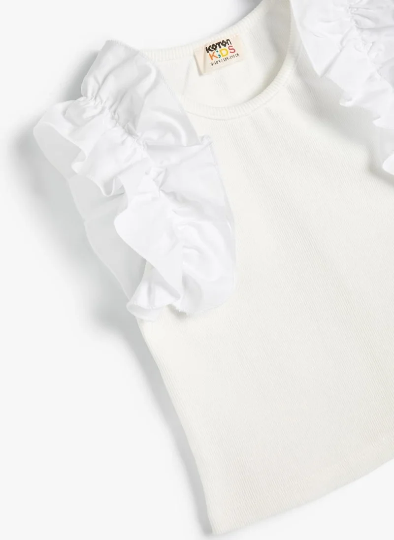 كوتون Girl's Blouse Sleeveless Ruffled Shoulders Ribbed Cotton