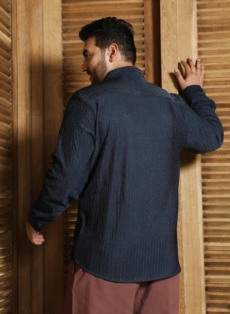 Instafab Plus  Instafab Plus Men's Midnight Blue Shimmering-Pleat Shirt For Casual Wear | Spread Collar | Long Cuffed Sleeves | Button Closure | Plus Size Shirt Crafted With Comfort Fit For Everyday Wear for Men | Best Price UAE