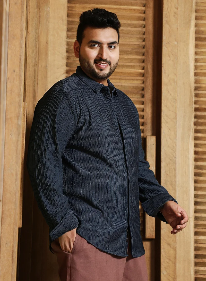 Instafab Plus  Instafab Plus Men's Midnight Blue Shimmering-Pleat Shirt For Casual Wear | Spread Collar | Long Cuffed Sleeves | Button Closure | Plus Size Shirt Crafted With Comfort Fit For Everyday Wear for Men | Best Price UAE