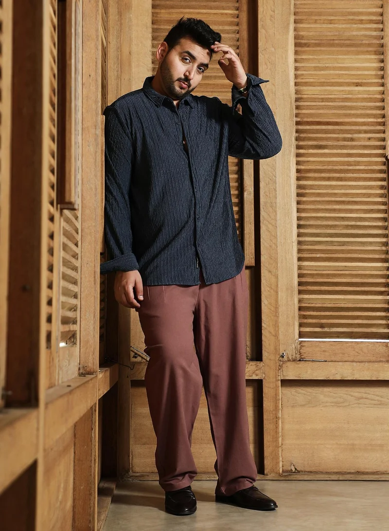 Instafab Plus  Instafab Plus Men's Midnight Blue Shimmering-Pleat Shirt For Casual Wear | Spread Collar | Long Cuffed Sleeves | Button Closure | Plus Size Shirt Crafted With Comfort Fit For Everyday Wear for Men | Best Price UAE