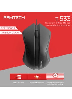 FANTECH FANTECH T533 Premium Office Mouse, Black Gaming Mouse for PC and Laptop, Wired Mouse with Optical Sensor and USB Interface, Smooth, Responsive 1200 DPI, Easy Scrolling  - Image 1