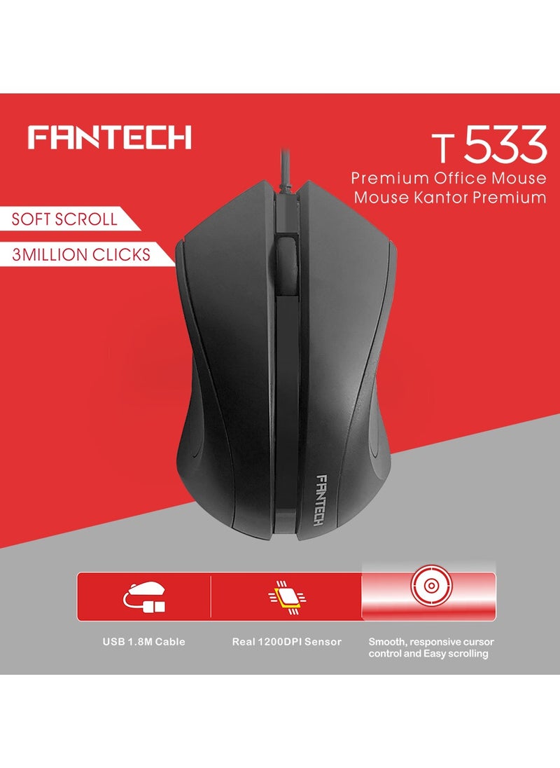 FANTECH T533 Premium Office Mouse, Black Gaming Mouse for PC and Laptop, Wired Mouse with Optical Sensor and USB Interface, Smooth, Responsive 1200 DPI, Easy Scrolling