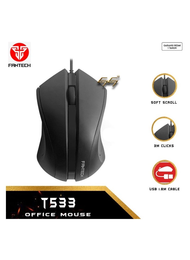 FANTECH T533 Premium Office Mouse, Black Gaming Mouse for PC and Laptop, Wired Mouse with Optical Sensor and USB Interface, Smooth, Responsive 1200 DPI, Easy Scrolling