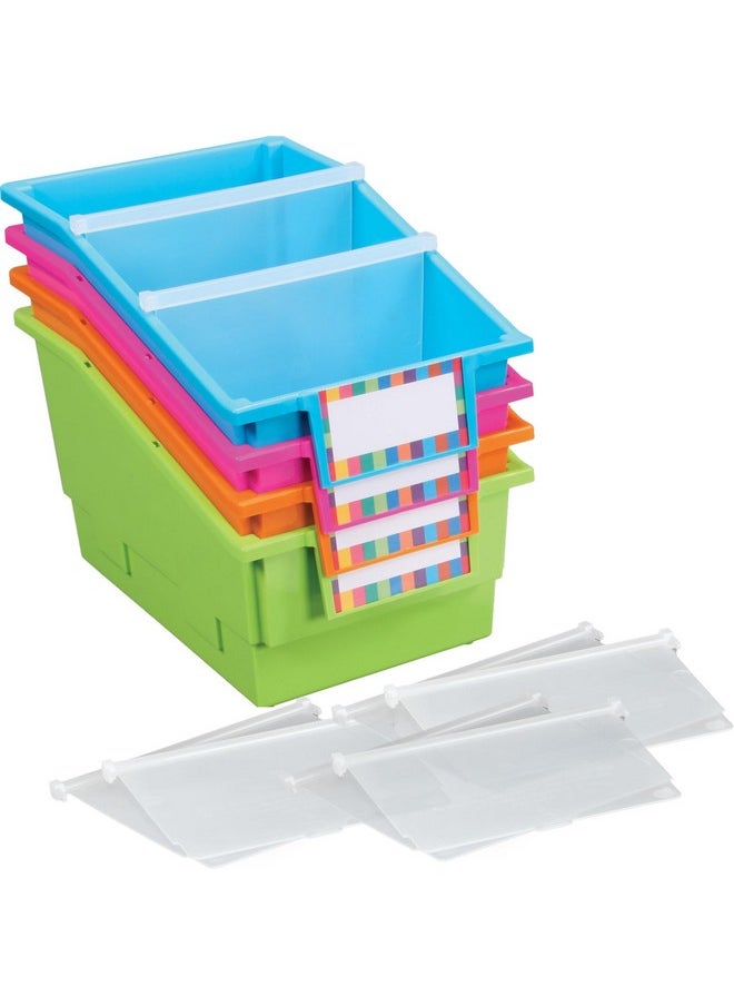 Really Good Stuff Chapter Book Library Bins With Dividers, 8¾" X 13½" X 7¾" - 4 Pack, Neon | Plastic Shelf Bin Organizer For Classroom Library, Book Organization, Documents, Files, Magazines  - Image 1