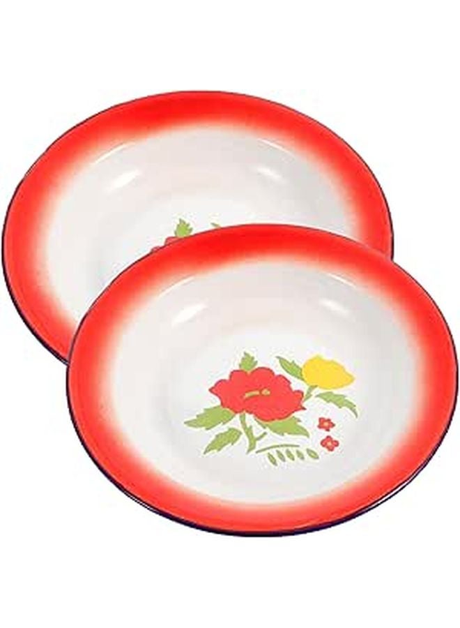 Vintage Floral Enamel Plates 18cm Retro Dinnerware Set 2 Pieces Kitchen Serving Tray - Image 1