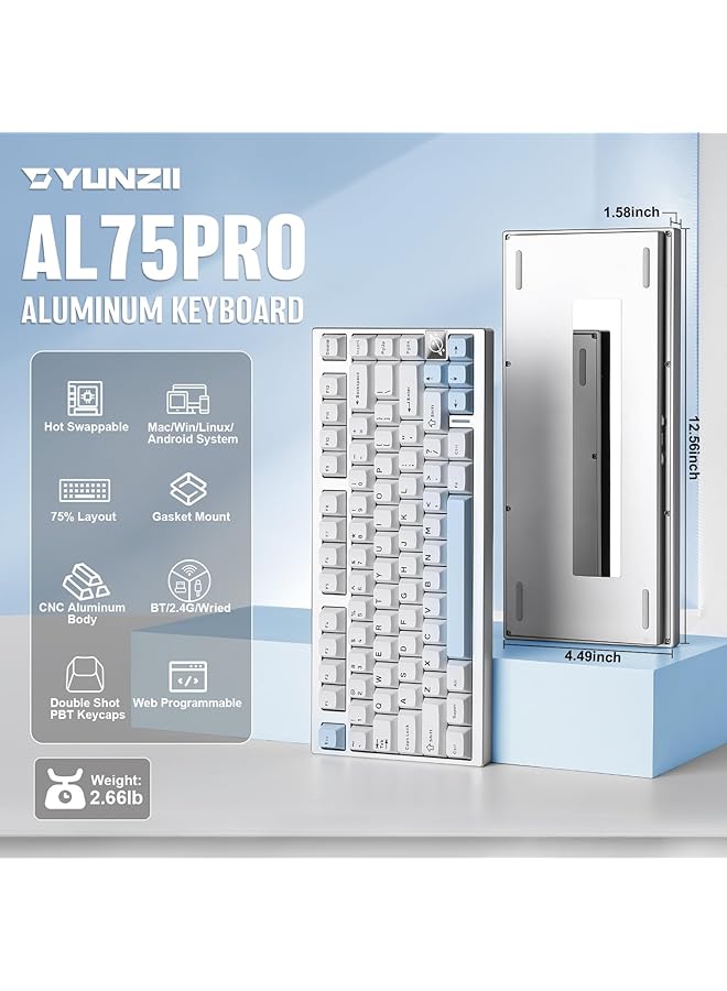 YUNZII Al75 Pro 75% Wireless Gaming Keyboard Bt/2.4G/Wired Aluminium Mechanical Keyboard With Pbt Keycaps Gasket Mounted Hot Swap Rgb Custom Keyboard For Mac/Win (Silver Cocoa Cream V2 Switch)  - Image 2