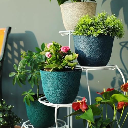 Worth Garden Plastic Round 8" Plant Pots for Indoor Plants - Set of 6 Multicolor Small Flower Pots W/Drainage Hole and Rubber Plug - Home Christmas Decorative planters Retro Floral Pattern - Image 3