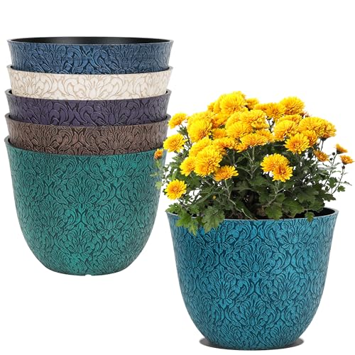 Worth Garden Plastic Round 8" Plant Pots for Indoor Plants - Set of 6 Multicolor Small Flower Pots W/Drainage Hole and Rubber Plug - Home Christmas Decorative planters Retro Floral Pattern - Image 1
