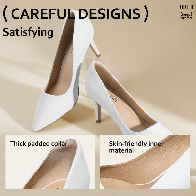 IDIFU White High Heels Pumps Closed Toe Heels Women's Pumps Stiletto Pointed Toe Dress Shoes Wedding Prom Bridal Work Office Bride Trendy Dressy Comfortable Classic Pumps Shoes(White Pu,7.5) - Image 5