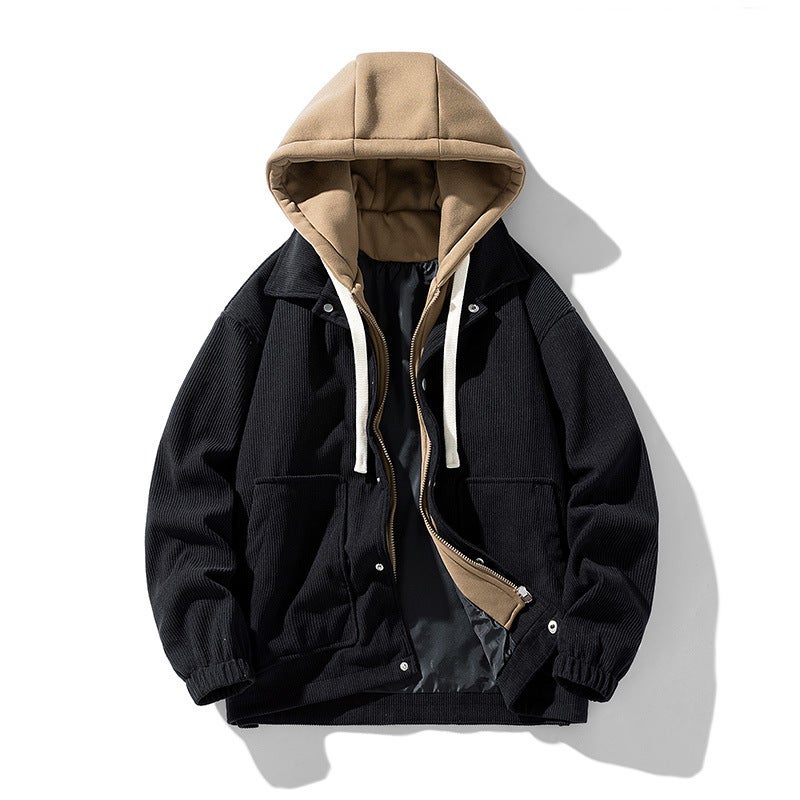 Corduroy Baseball Suit Jacket Jacket Mens Spring and Autumn Loose Fake Two-Piece Casual Lapel Jacket Mens Clothes Regular black - Image 1