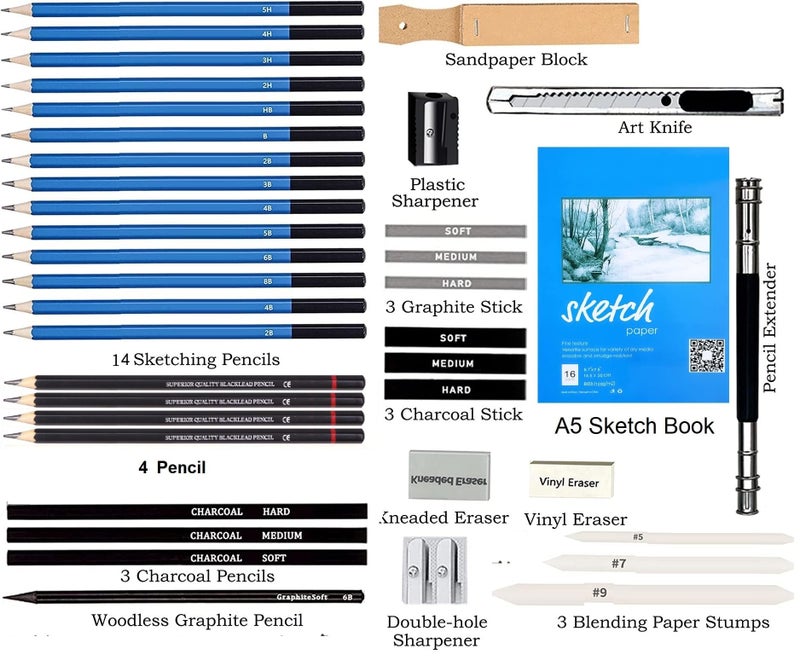 Corslet 39 Pack Graphite Drawing Pencils and Sketch Set, Professional Art Drawing Kit with Bag, Supplies Includes Charcoal Pencils, Graphite Pencils, Sticks, Sharpeners, Erasers and Paper Pad Notebook - Image 2