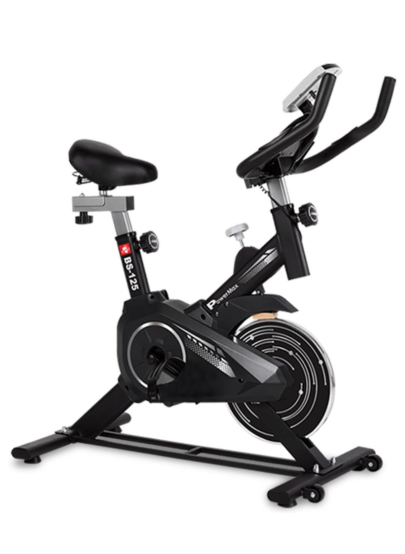 PowerMax Fitness PowerMax Fitness BS-125 Spin Exercise Bike for Home use, 16mm 6Kg Flywheel, Max User Weight 130kg, LCD Display, 2pc Crank, Heart rate sensor, Knob braking, Adjustable foot strap and seat, iPad holder  - Image 1