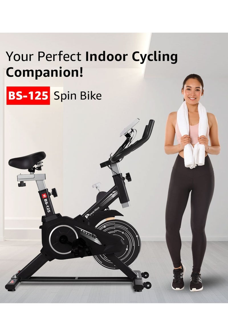PowerMax Fitness PowerMax Fitness BS-125 Spin Exercise Bike for Home use, 16mm 6Kg Flywheel, Max User Weight 130kg, LCD Display, 2pc Crank, Heart rate sensor, Knob braking, Adjustable foot strap and seat, iPad holder  - Image 2