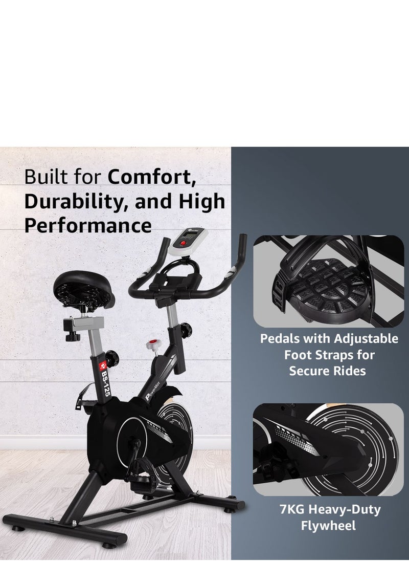 PowerMax Fitness PowerMax Fitness BS-125 Spin Exercise Bike for Home use, 16mm 6Kg Flywheel, Max User Weight 130kg, LCD Display, 2pc Crank, Heart rate sensor, Knob braking, Adjustable foot strap and seat, iPad holder  - Image 3