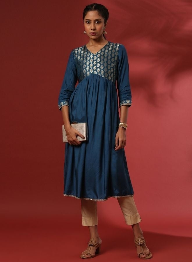 Abhishti A-line kurta with brocade yoke-teal  - Image 1