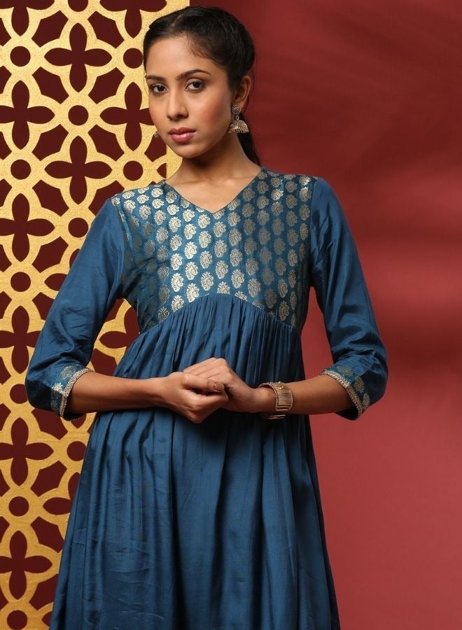 Abhishti A-line kurta with brocade yoke-teal  - Image 2