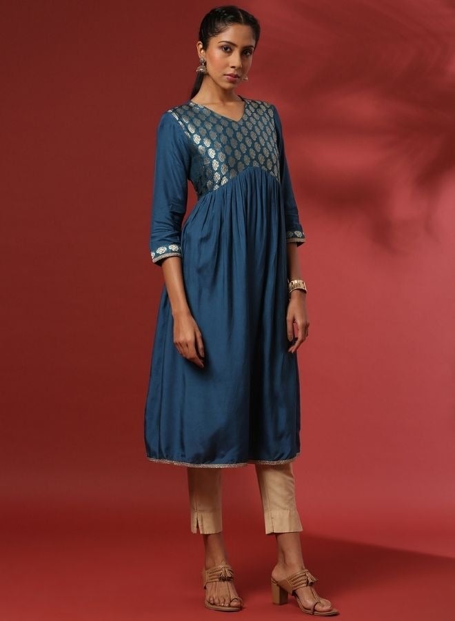 Abhishti A-line kurta with brocade yoke-teal  - Image 4