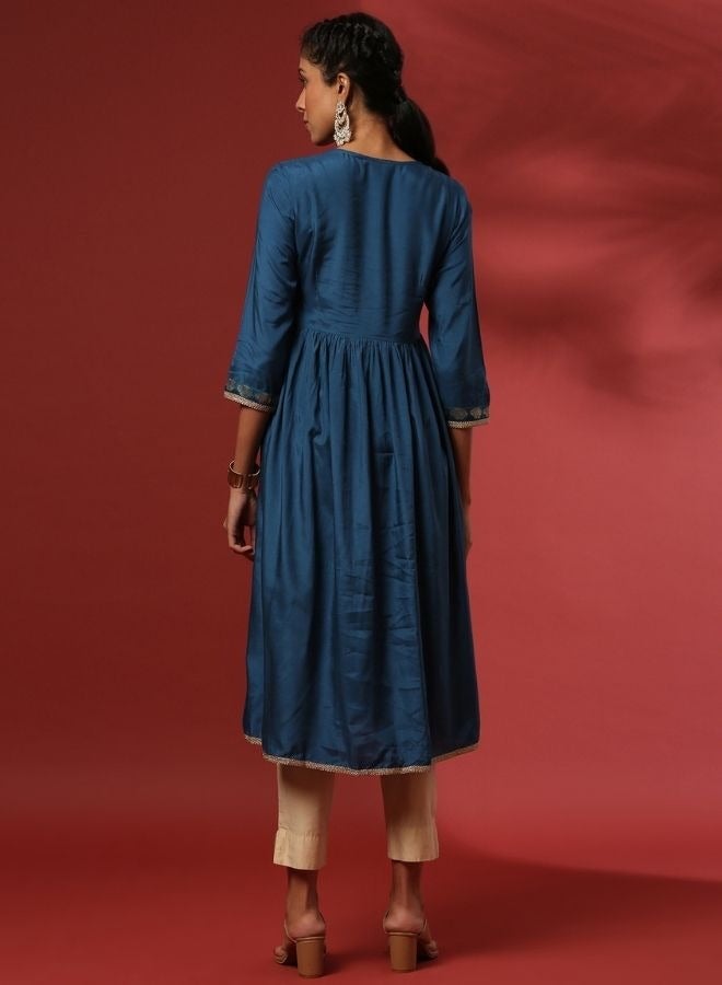 Abhishti A-line kurta with brocade yoke-teal  - Image 5