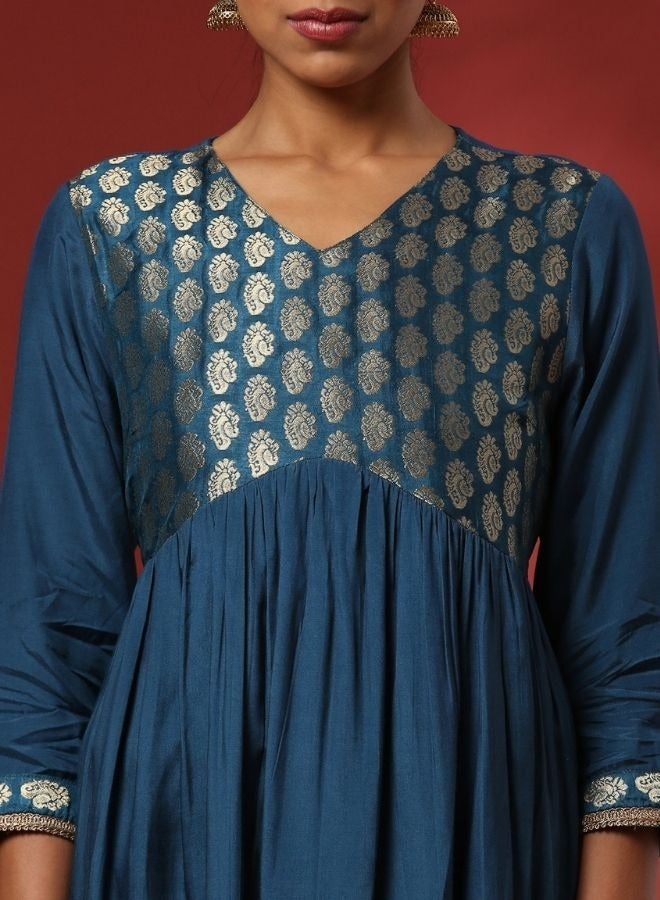 Abhishti A-line kurta with brocade yoke-teal  - Image 3