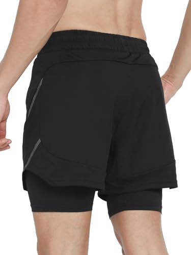 ARSUXEO Men's 2 in 1 Active Running Shorts with 2 Zipper and 1 Phone Pockets Black Large - Image 2