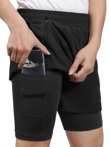 ARSUXEO Men's 2 in 1 Active Running Shorts with 2 Zipper and 1 Phone Pockets Black Large - Image 1