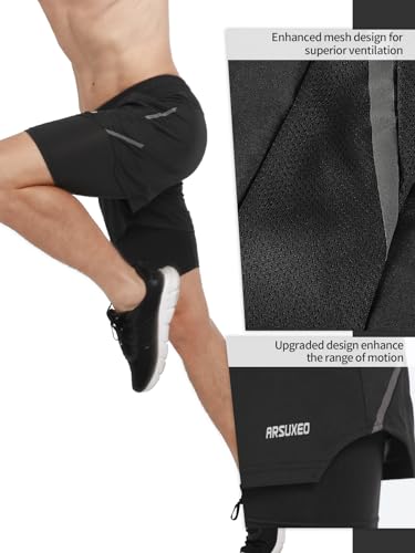 ARSUXEO Men's 2 in 1 Active Running Shorts with 2 Zipper and 1 Phone Pockets Black Large - Image 3