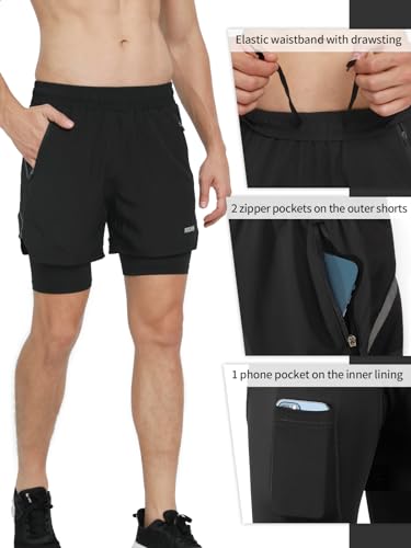 ARSUXEO Men's 2 in 1 Active Running Shorts with 2 Zipper and 1 Phone Pockets Black Large - Image 4