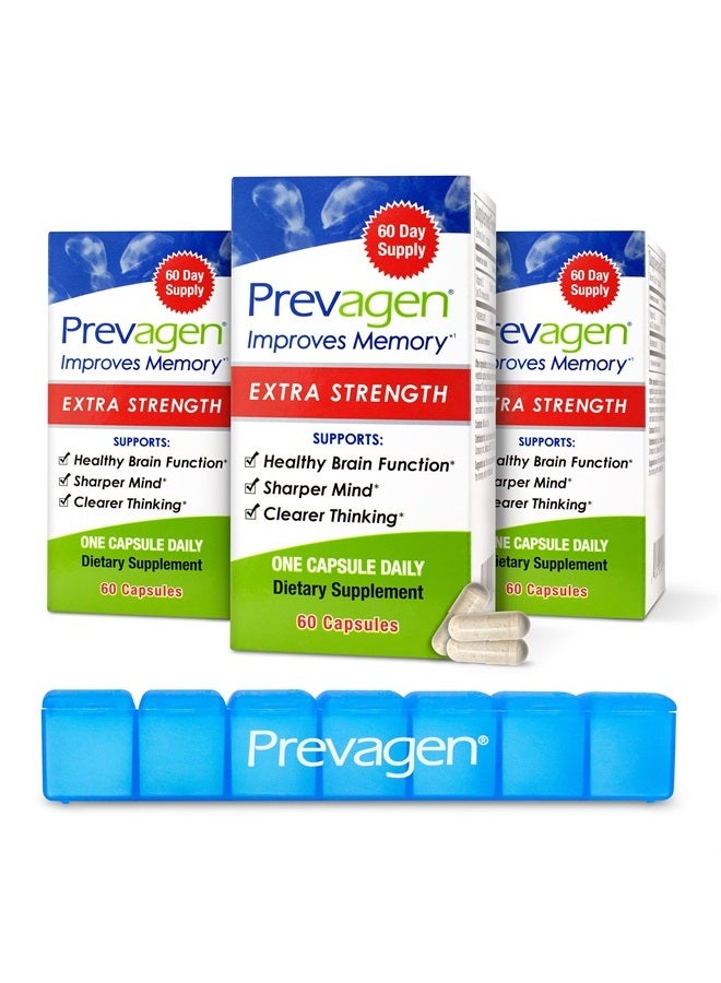 Prevagen Improves Memory - Extra Strength 20mg, 60 Capsules |3 Pack| with Apoaequorin & Vitamin D & Prevagen 7-Day Pill Minder | Brain Supplement for Better Brain Health - Image 1