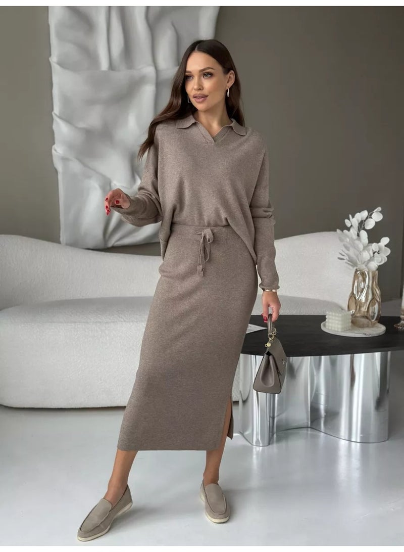 NIBEMINENT Elegant Soft Vintage Women Dresses Suits 2 Pieces Female Skirt Sets O Neck Sweater & Midi Dress Knitted TrackSuit - Image 2