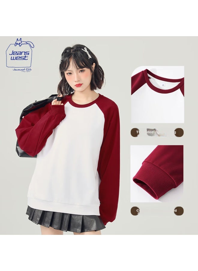 Jeanswest Club Contrasting Color Sweatshirt For Women, Autumn Round Neck Raglan Jacket, Sweet Style Design, Versatile Loose Top
