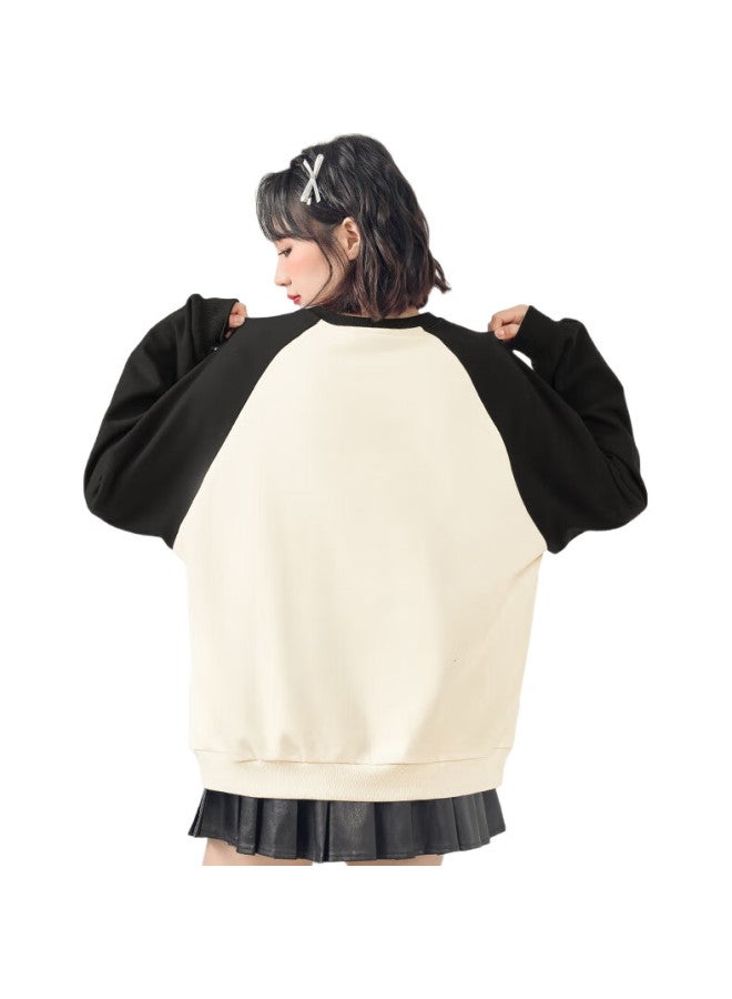 Jeanswest Club Contrasting Color Sweatshirt For Women, Autumn Round Neck Raglan Jacket, Sweet Style Design, Versatile Loose Top