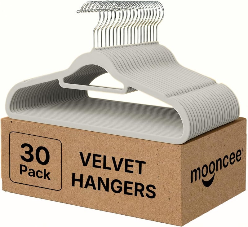 MOONCEE Premium Velvet Hangers - Non-Slip & Durable Clothes Hangers - 360° Swivel Hook Heavy Duty Coat Hangers, Space Saving Suits, Pants Hangers for Closet, Garment Shops, Hotels (Ash Grey, 30-Pack) - Image 1