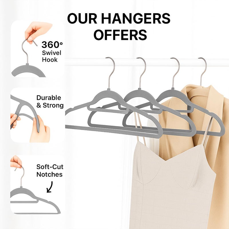 MOONCEE Premium Velvet Hangers - Non-Slip & Durable Clothes Hangers - 360° Swivel Hook Heavy Duty Coat Hangers, Space Saving Suits, Pants Hangers for Closet, Garment Shops, Hotels (Ash Grey, 30-Pack) - Image 3