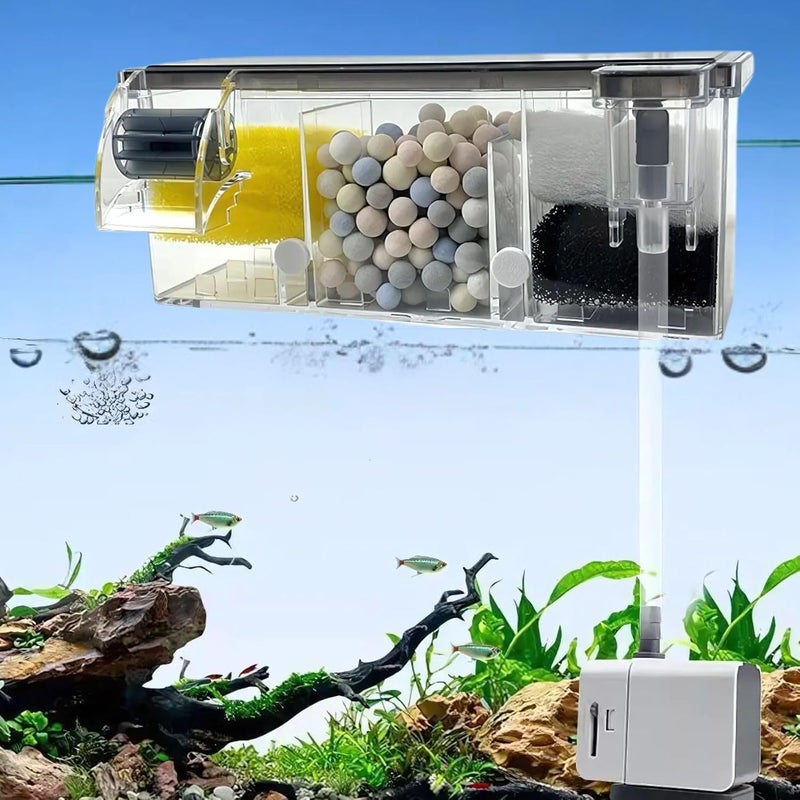 VAYINATO فلتر حوض السمك الخارجي متعدد الوظائف المثبت على الحائط مع عجلة حيوية | نظام ترشيح ثلاثي المراحل مع وسائط الفلترة ومضخة مياه مدمجة (BL-772) - Image 1