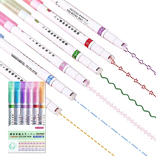 Parshya Curved Roller Highlighter Pens Set – 6 Colors & 6 Pattern Line Markers for Notes, Journaling, Scrapbooking, Kids Drawing | Smooth Cute Decorative Highlighter Pens for School & Office - Image 1
