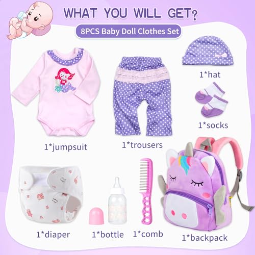 Pedolltree 8 Pcs Reborn Baby Girl Doll Clothes Outfit Accessories with Backpack fit for 1722 Inch Reborn Doll Newborn Baby Girl - Image 5