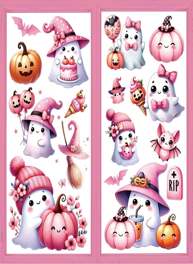 وولاين مجموعة ملصقات نوافذ هالوين من والين، 9 أوراق، بتصميم أشباح وردية لطيفة، على شكل أشباح وقرع وخفافيش، قابلة لإعادة الاستخدام على الوجهين، لتزيين النوافذ في المنزل أو الفصل الدراسي أو المكتب أو الزجاج، مستلزمات حفلات عيد الهالوين. - Image 1