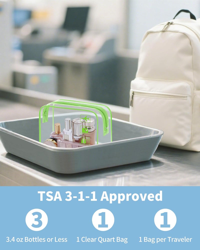 WANDF TSA Approved Toiletry Bag, 2 Packs Travel Clear Toiletry Bag, Quart Size Makeup Cosmetic Pouch with Zipper, Carry-On Airport Compliant Bag for Women and Men (2pcs Green) - Image 2