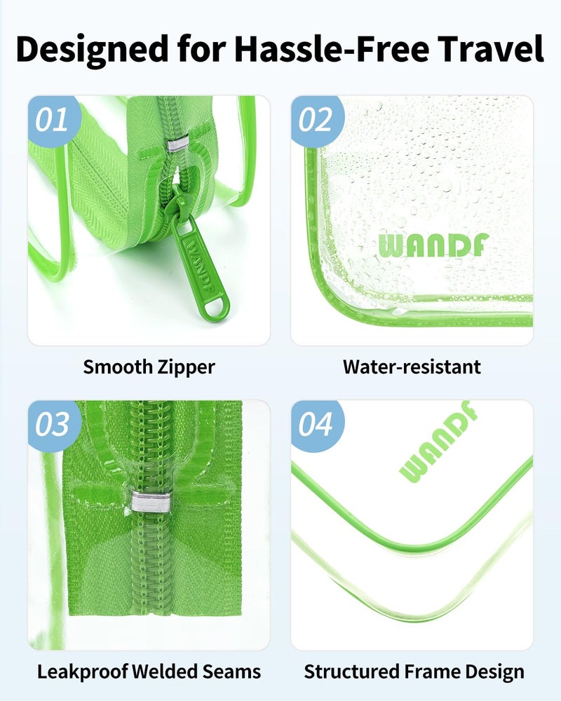 WANDF TSA Approved Toiletry Bag, 2 Packs Travel Clear Toiletry Bag, Quart Size Makeup Cosmetic Pouch with Zipper, Carry-On Airport Compliant Bag for Women and Men (2pcs Green) - Image 4