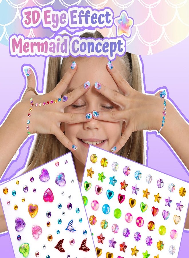 FANDAMEI Press On Nails for Girls, 12 Style Press On Nails for Kids, 6 Sheet Heart Fruit Flower Nail Stickers for Kids, 3D Rhinestone Stickers Face Gems Mermaid Colorful, Nail Art Kit for Girls - Image 4