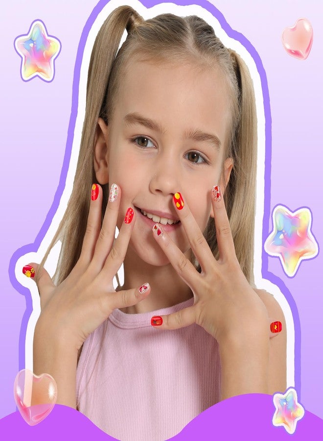 FANDAMEI Press On Nails for Girls, 12 Style Press On Nails for Kids, 6 Sheet Heart Fruit Flower Nail Stickers for Kids, 3D Rhinestone Stickers Face Gems Mermaid Colorful, Nail Art Kit for Girls - Image 5