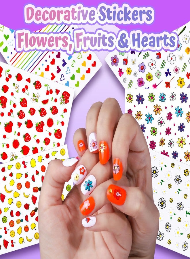 FANDAMEI Press On Nails for Girls, 12 Style Press On Nails for Kids, 6 Sheet Heart Fruit Flower Nail Stickers for Kids, 3D Rhinestone Stickers Face Gems Mermaid Colorful, Nail Art Kit for Girls - Image 3