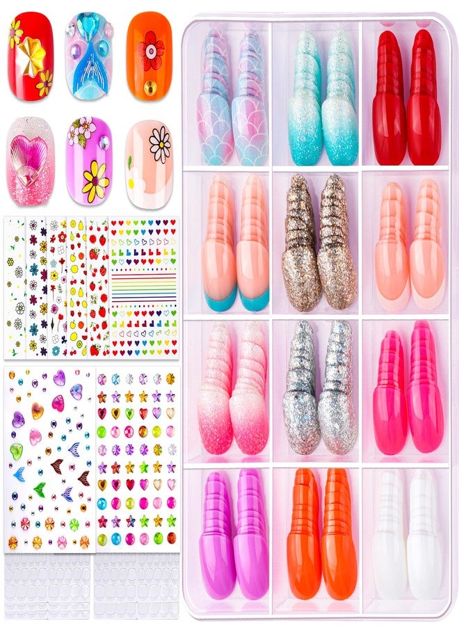 FANDAMEI Press On Nails for Girls, 12 Style Press On Nails for Kids, 6 Sheet Heart Fruit Flower Nail Stickers for Kids, 3D Rhinestone Stickers Face Gems Mermaid Colorful, Nail Art Kit for Girls - Image 1