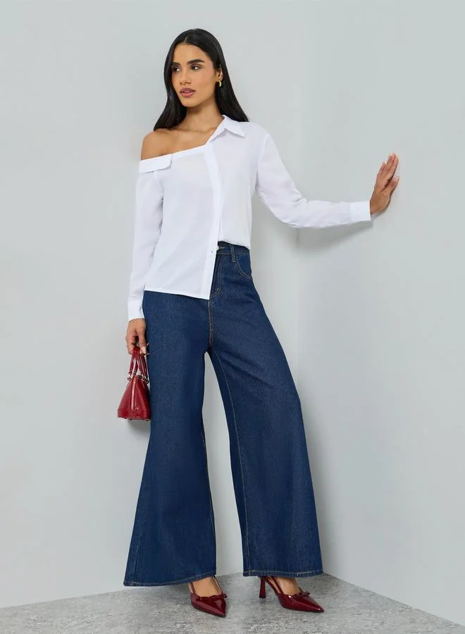 Take Two White One-Shoulder Long Sleeve Shirt