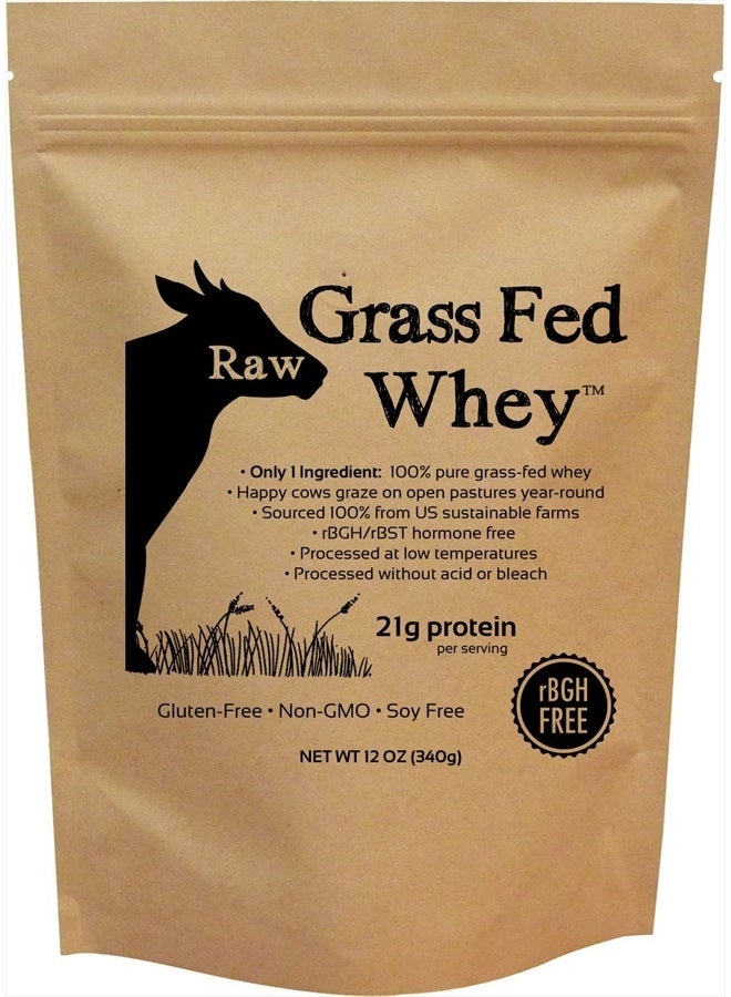 Raw Organic Whey Raw Grass Fed Whey - Happy Healthy Cows, COLD PROCESSED Undenatured 100% Grass Fed Whey Protein Powder, GMO-Free + rBGH Free + Soy Free + Gluten Free + No Added Sugar, Unflavored, Unsweetened (12 OZ) - Image 1