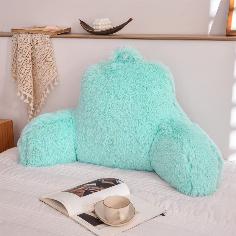 A Nice Night Faux Fur Reading Pillow Bed Wedge Large Adult Children Backrest with Arms Back Support for Sitting Up in BedCouch for BedrestAqua
