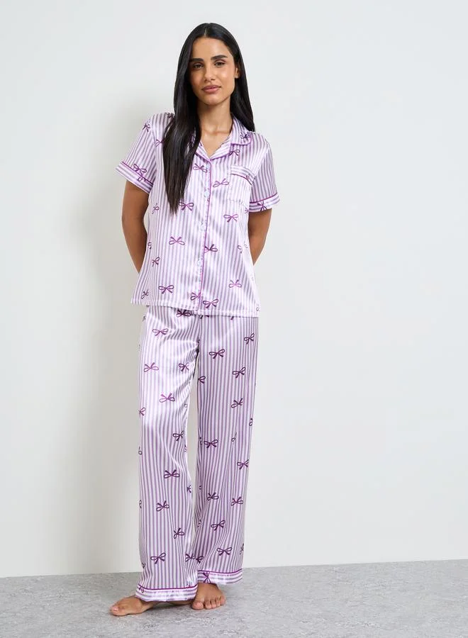 Take Two Purple Bow Print Striped Shirt and Pyjama Set