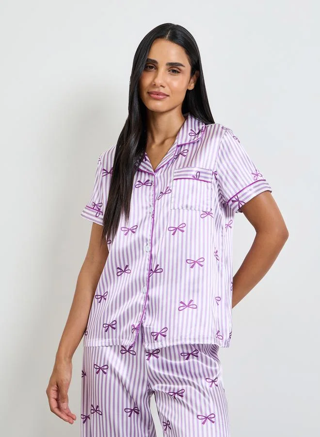 Take Two Purple Bow Print Striped Shirt and Pyjama Set
