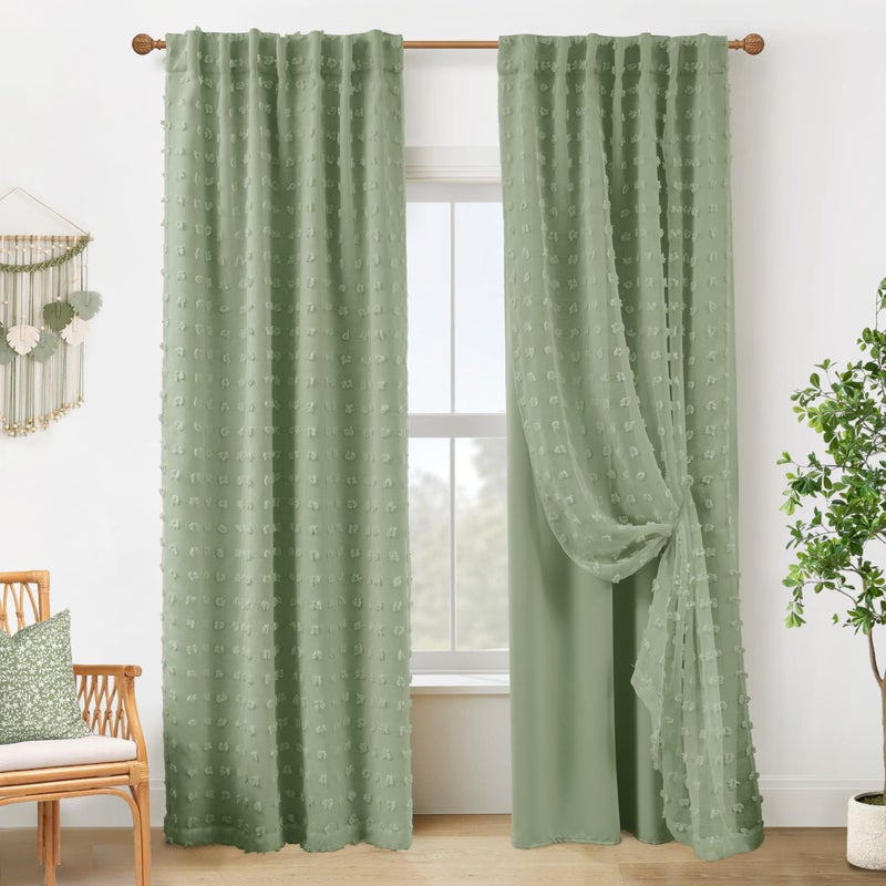 Lino Rosa Sage Green Curtains Room Darkening Blackout Light Weight Boho Pom Pom Pattern Farmhouse Cottage Core Cottagecore Curtains for Bedroom Living Room 84 Inches Long 2 Panels - Image 1
